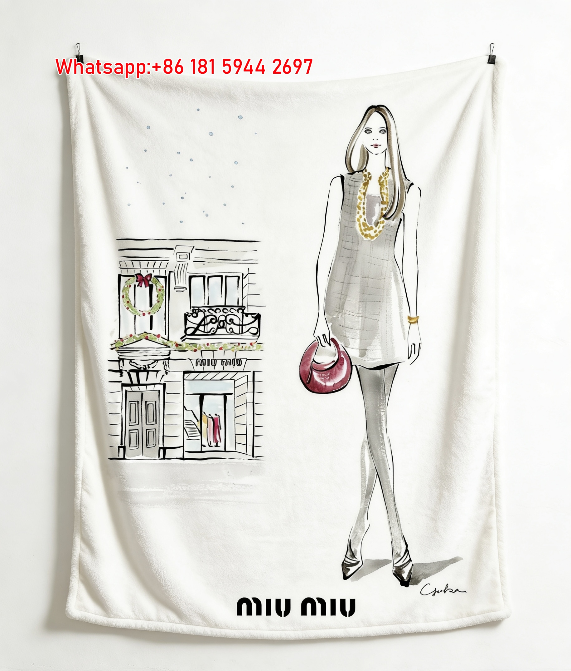 Miu Miu Grey & Magenta Fashion Illustration with Boutique Scene Flannel Throw Blanket IMG_0574